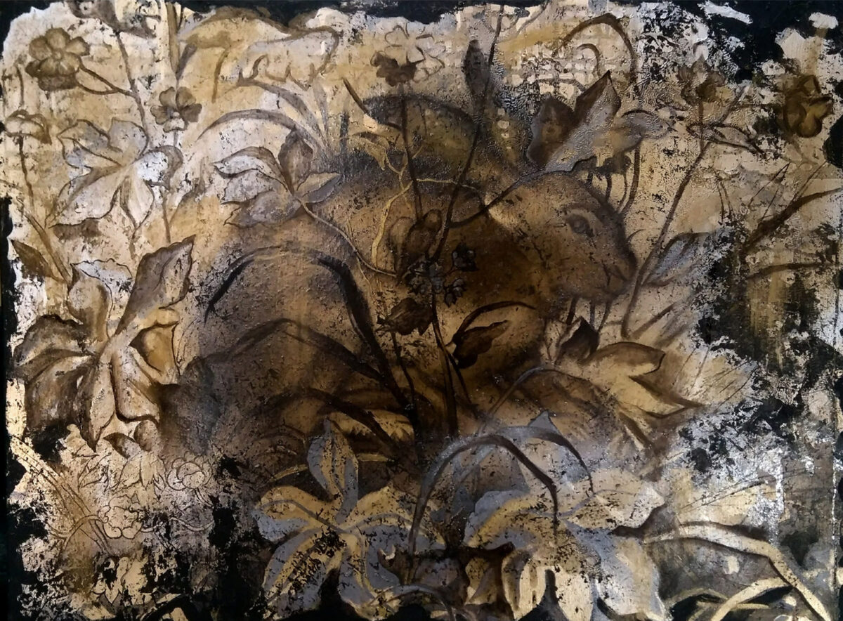 Piotr Kwiatkowski, Zając na podstawie arrasu wawelskiego, olej, akryl, pokost lniany na płótnie, 80x60 cm, 2021